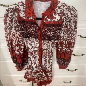 Alice + Olivia Red and White Puff Sleeve Blouse